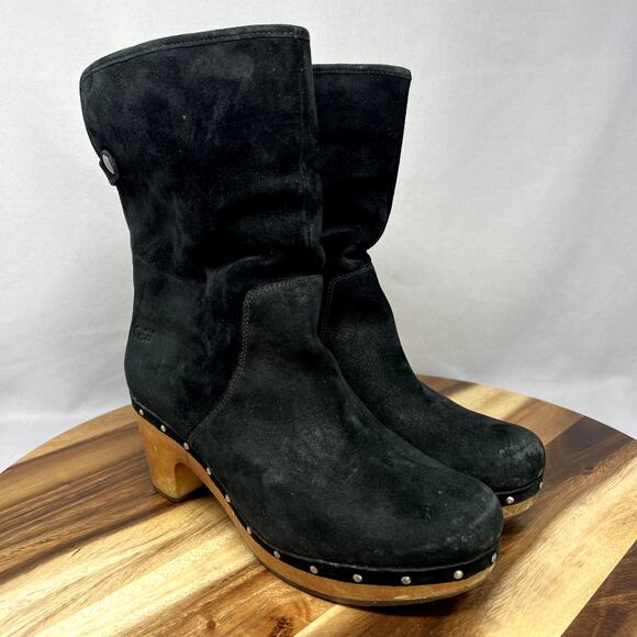 Ugg Lynnea Women's 9 Black Leather Suede Pull On Studded Mid Heel Clog Boots - Picture 1 of 9